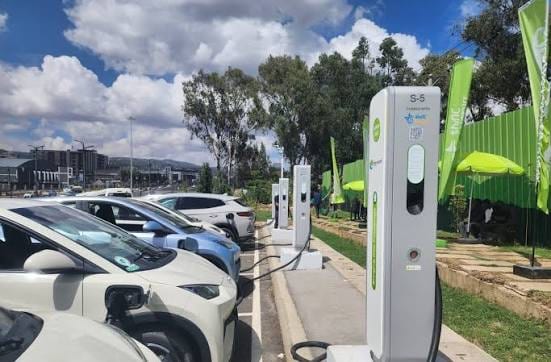A row of electric vehicles charging at a multi-bay public station